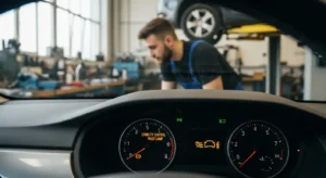 Lampă de avertizare control stabilitate auto, simbol electronic portocaliu, indică defect sau intervenție sistem stabilitate vehicul pe bordul mașinii.