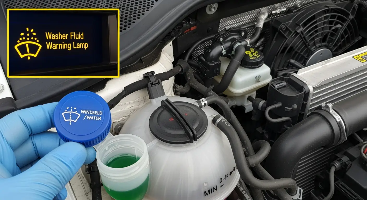 Martor de avertizare lichid de spălare parbriz aprins pe bordul unui autoturism, indicând nivel scăzut al lichidului.