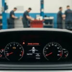 Lampa de avertizare sistem frânare aprinsă pe bord auto, indicând posibile probleme la frâne sau nivel scăzut lichid frână.