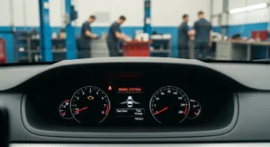 Lampa de avertizare sistem frânare aprinsă pe bord auto, indicând posibile probleme la frâne sau nivel scăzut lichid frână.