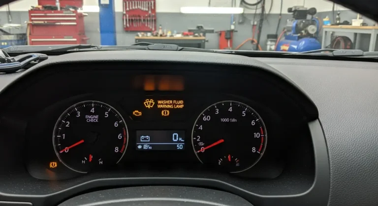 Lampă de avertizare lichid spălare parbriz aprinsă pe bordul unei mașini, indicând nivel scăzut al lichidului de spălare.