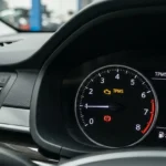 Lampa de avertizare presiune anvelope (TPMS) pe bordul unei mașini, simbol galben cu semn de exclamare într-un cerc stilizat.