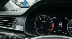 Lampa de avertizare presiune anvelope (TPMS) pe bordul unei mașini, simbol galben cu semn de exclamare într-un cerc stilizat.