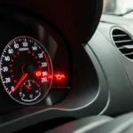 Lampă de avertizare presiune ulei aprinsă pe bordul unei mașini, indicând o posibilă problemă la sistemul de lubrifiere al motorului.