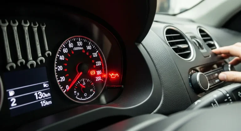 Lampă de avertizare presiune ulei aprinsă pe bordul unei mașini, indicând o posibilă problemă la sistemul de lubrifiere al motorului.