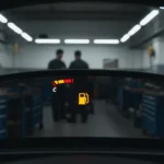 Indicator nivel combustibil scăzut aprins pe bordul unei mașini, avertizând șoferul despre necesitatea realimentării cu carburant.