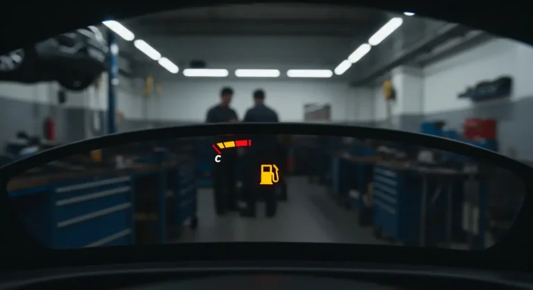 Indicator nivel combustibil scăzut aprins pe bordul unei mașini, avertizând șoferul despre necesitatea realimentării cu carburant.