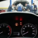 Lampa de avertizare temperatură motor aprinsă pe bord, indicând supraîncălzirea motorului la un automobil, necesită verificare imediată a sistemului de răcire.
