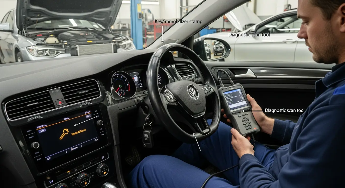 O pictogramă portocalie în formă de cheie apare pe tabloul de bord al unui automobil, indicând statusul sistemului de imobilizare al vehiculului.