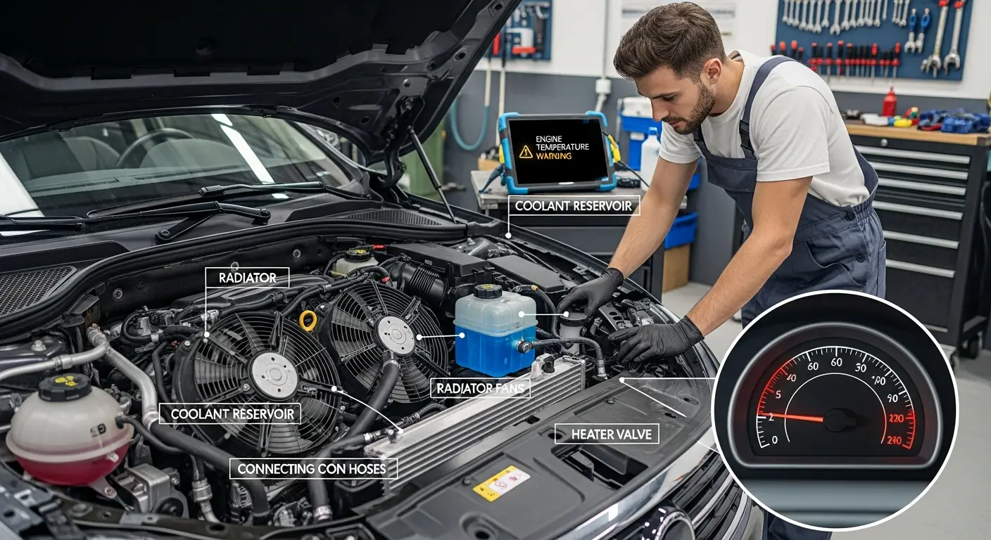 Pictogramă roșie pe bordul mașinii, reprezentând un termometru cu valuri de apă dedesubt, indicând aprinderea martorului de temperatură ridicată a motorului.
Sau
Martor luminos de avertizare a temperaturii motorului aprins pe panoul de bord al unui automobil.