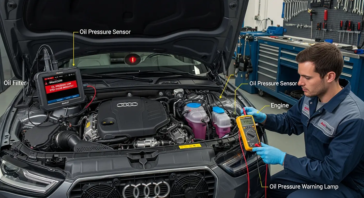 Pictogramă roșie pe bordul unei mașini care indică aprinderea martorului de presiune a uleiului.
Lampa de avertizare pentru presiunea uleiului este afișată pe panoul de instrumente al automobilului.