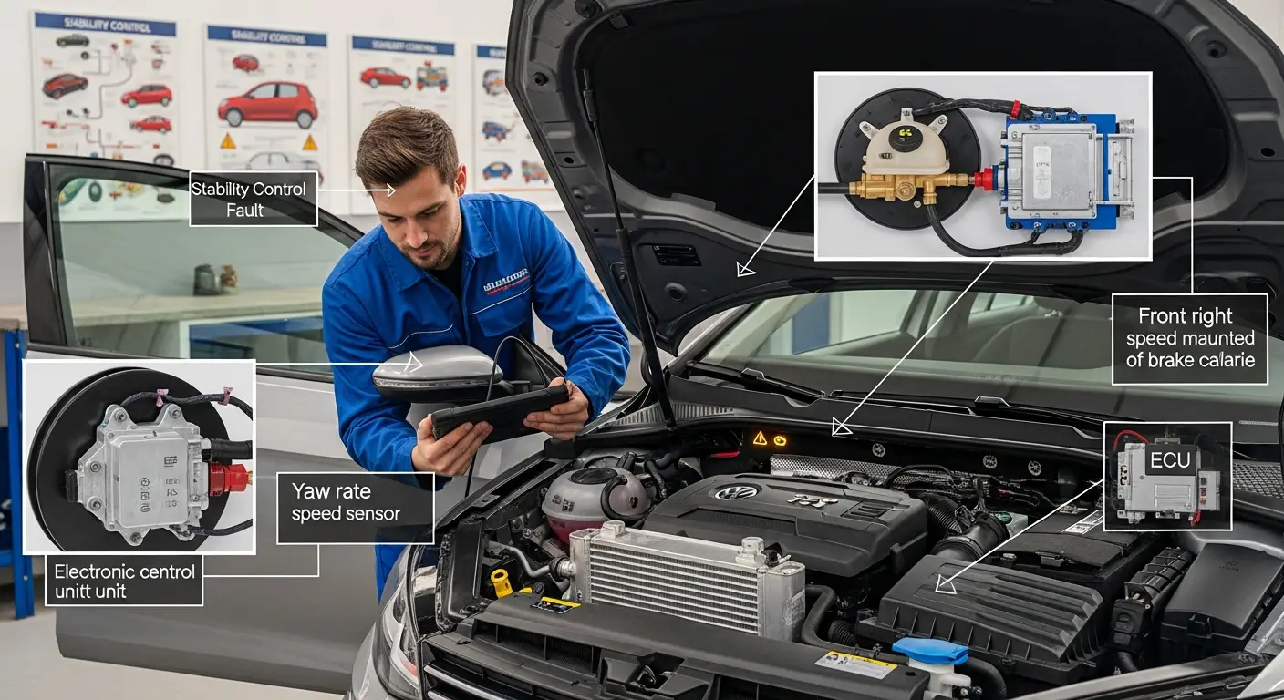 Pictograma unui automobil cu linii ondulate sub roți, semnalizând pe bord activarea sau defectarea sistemului de control al stabilității.
Lampa de avertizare a controlului stabilității aprinsă pe panoul de instrumente al unei mașini.