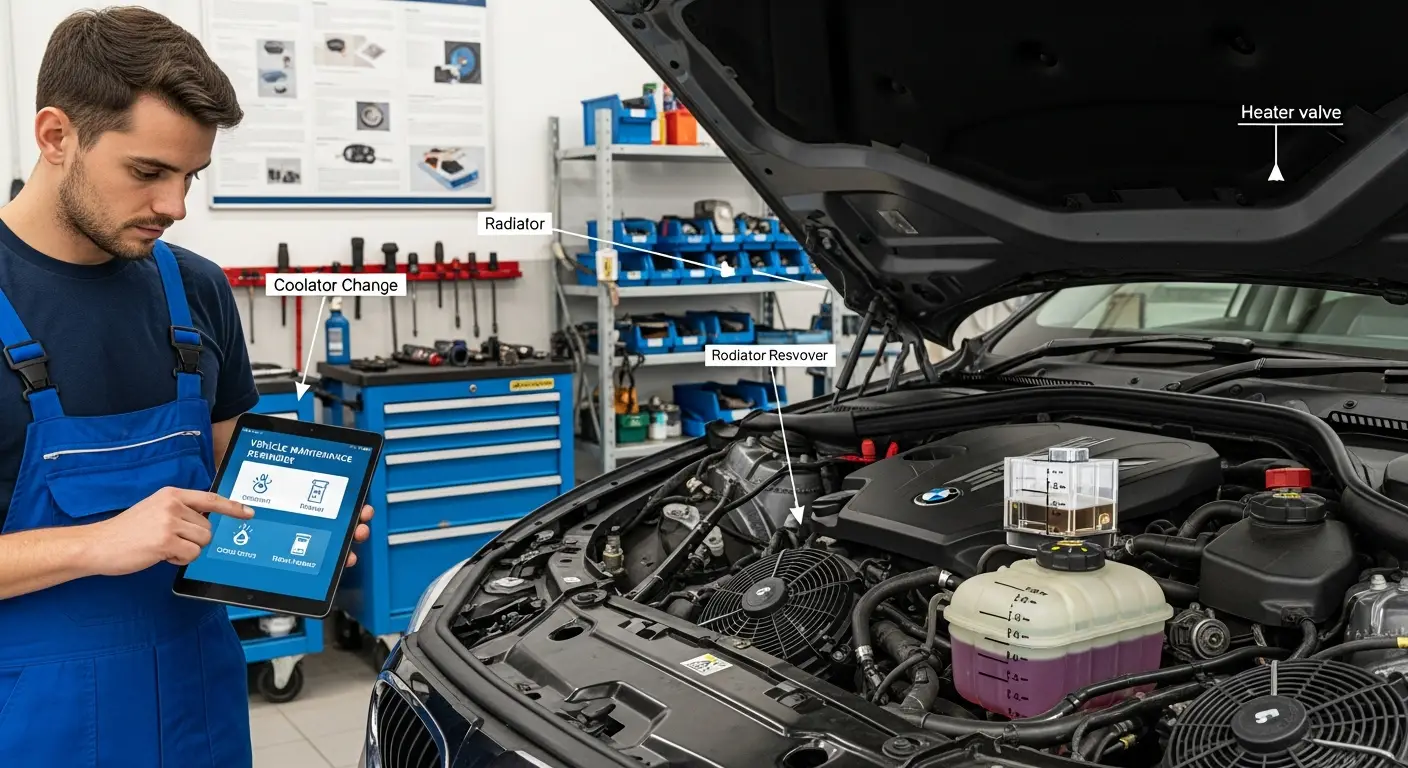 Reminder de întreținere auto afișat pe ecranul bordului unei mașini, indicând necesitatea efectuării unui service.