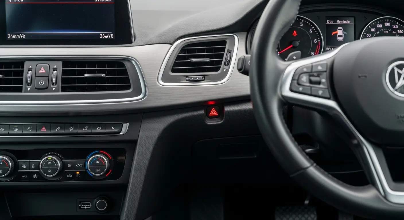 Un bord de mașină afișează o pictogramă roșie care semnalizează faptul că centura de siguranță nu este cuplată.
Sau
O mână întinde centura de siguranță în fața unui scaun auto, cu un simbol luminos de avertizare pe panoul de bord.