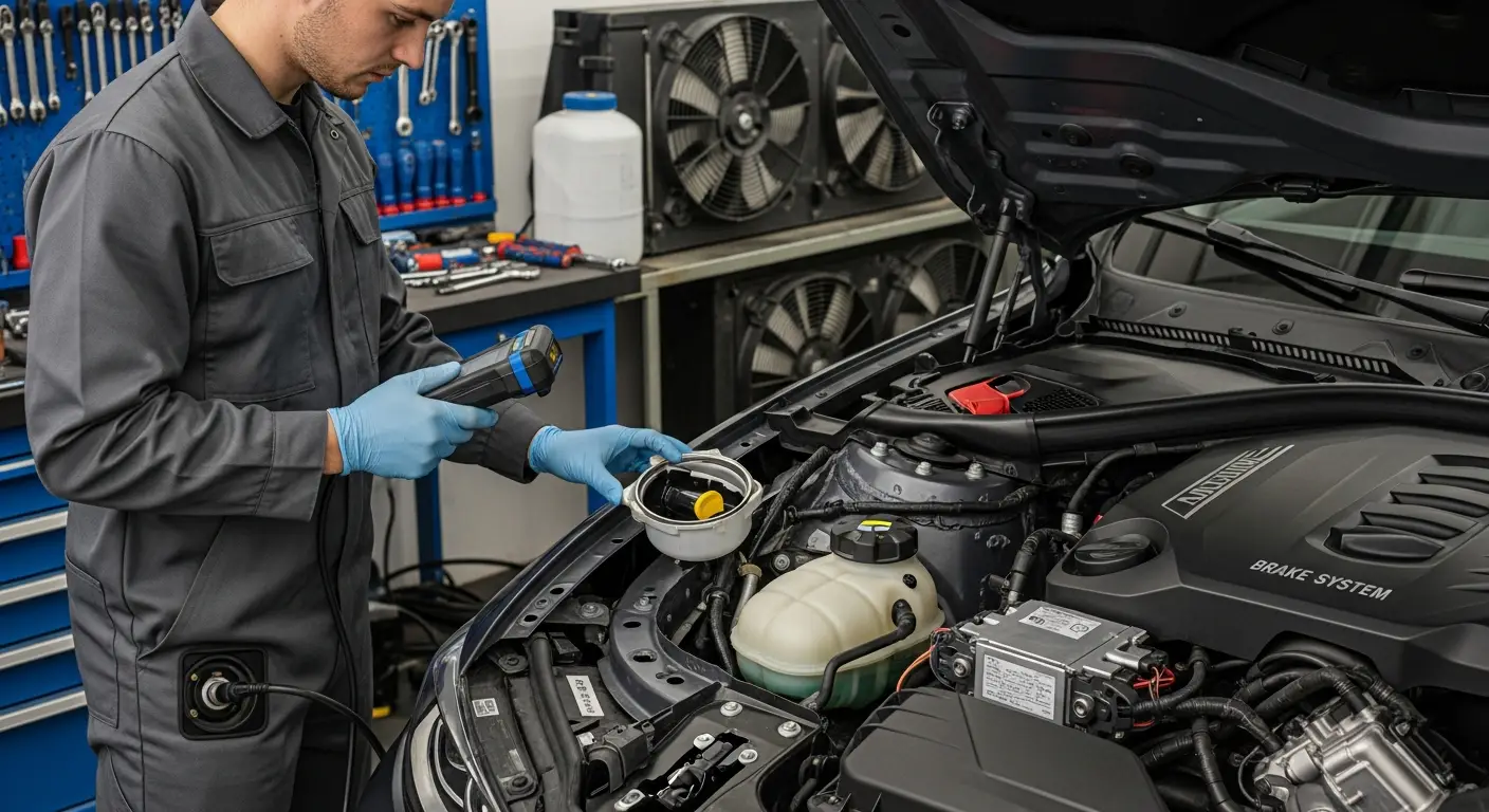 Un panou de bord auto afișează un martor luminos roșu pentru sistemul de frânare, indicând o posibilă problemă la frâne.
(Sau)
Lampa de avertizare a sistemului de frânare este aprinsă pe bordul unei mașini, semnalând necesitatea verificării frânelor.